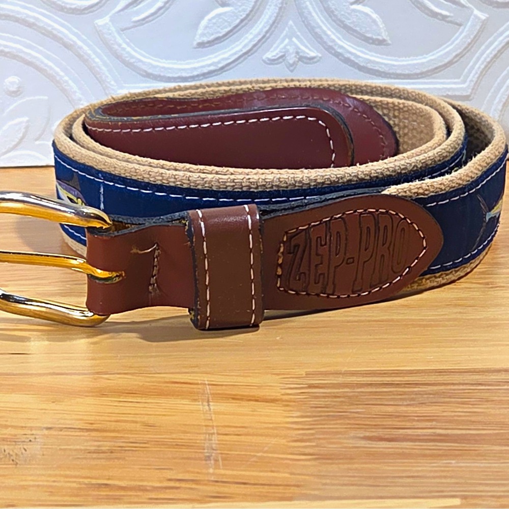 ZEP-PRO Men's Fish Pattern Belt Blue/Tan/Brown Buckle USA Made 42 1.25"